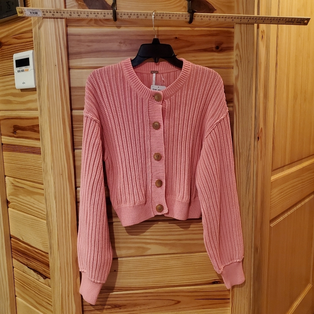 Free People Bubble Gum All Yours Cropped Chunky Knit Cardigan Sweater Large